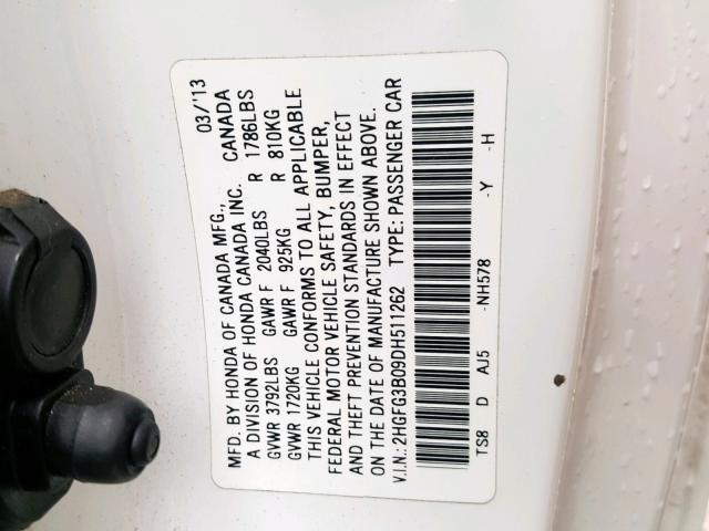 2HGFG3B09DH511262 - 2013 HONDA CIVIC EXL 白色 照片 10