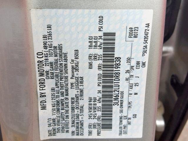 3LN6L2LU1DR819838 - 2013 LINCOLN MKZ HYBRID SILVER photo 10