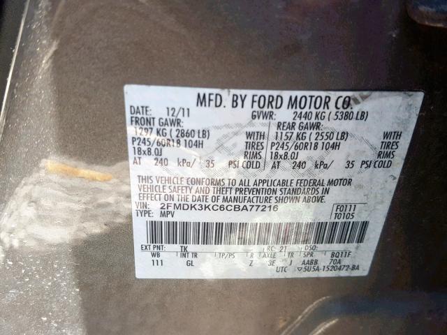 2FMDK3KC6CBA77216 - 2012 FORD EDGE LIMIT GRAY photo 10