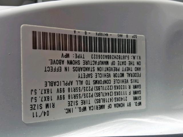 5J8TB2H28BA006023 - 2011 ACURA RDX WHITE photo 10