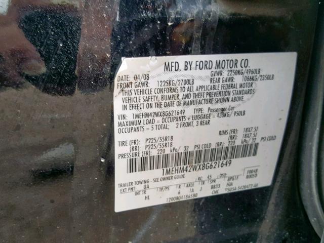 1MEHM42WX8G621649 - 2008 MERCURY SABLE PREM BLACK photo 10