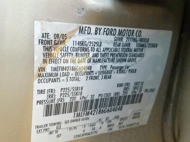 1MEFM42186G604048 - 2006 MERCURY MONTEGO PR ოქროსფერი ფოტო 10