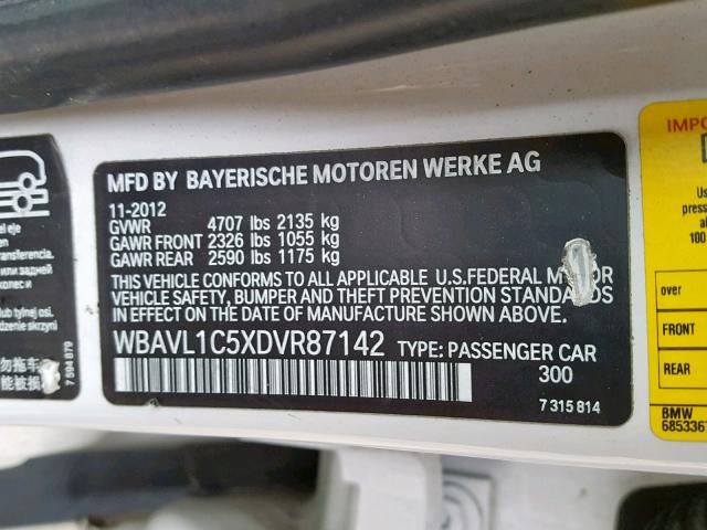WBAVL1C5XDVR87142 - 2013 BMW X1 XDRIVE2 WHITE photo 10