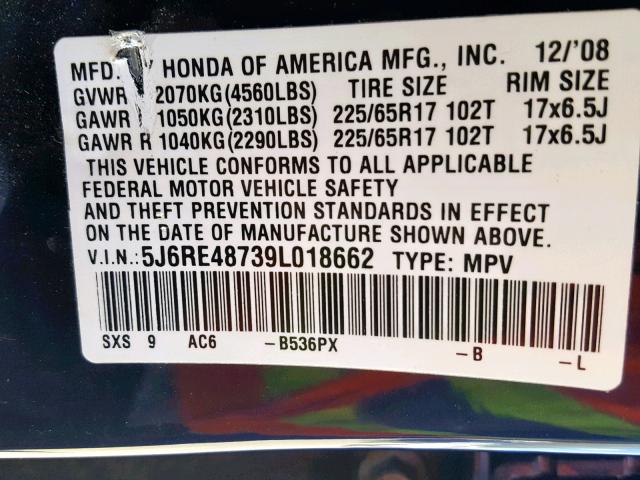 5J6RE48739L018662 - 2009 HONDA CR-V EXL  photo 10