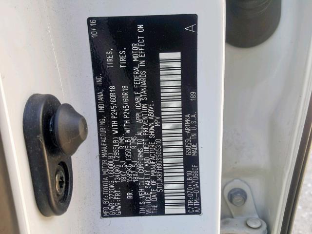 5TDJKRFH8GS505310 - 2016 TOYOTA HIGHLANDER WHITE photo 10