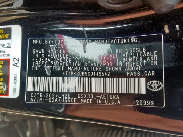 4T1BK3DB9CU449542 - 2012 TOYOTA AVALON BAS BLACK photo 10