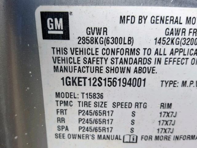 1GKET12S156194001 - 2005 GMC ENVOY XUV SILVER photo 10