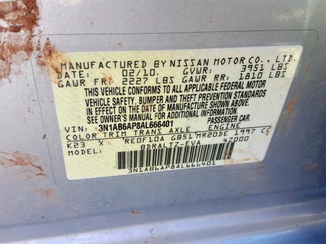 3N1AB6AP8AL666401 - 2010 NISSAN SENTRA 2.0 SILVER photo 10