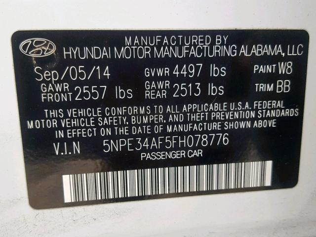 5NPE34AF5FH078776 - 2015 HYUNDAI SONATA SPO WHITE photo 10