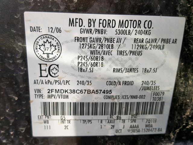 2FMDK38C67BA57495 - 2007 FORD EDGE SEL BLACK photo 10