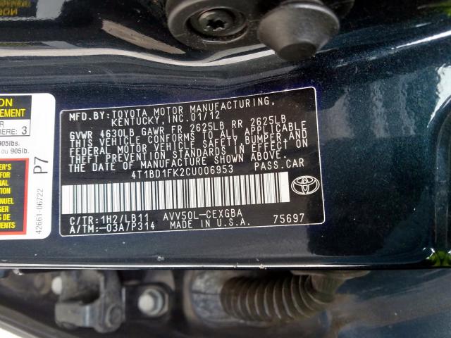 4T1BD1FK2CU006953 - 2012 TOYOTA CAMRY HYBRID  photo 10