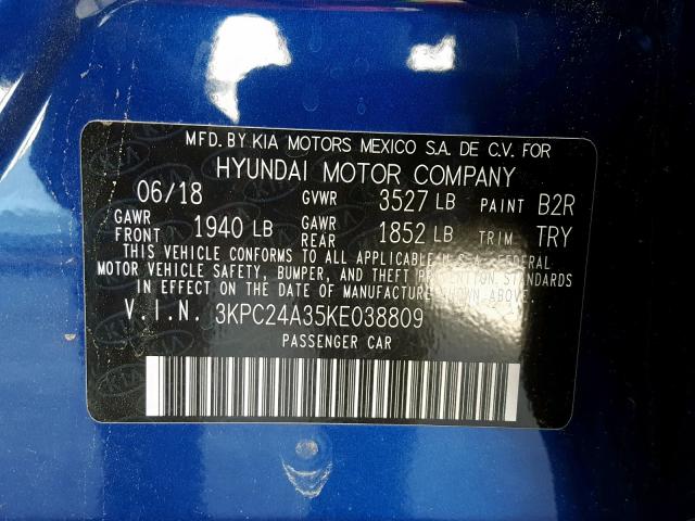 3KPC24A35KE038809 - 2019 HYUNDAI ACCENT SE BLUE photo 10