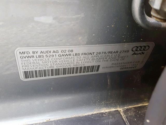 WAUDH74F08N111953 - 2008 AUDI A6 3.2 QUA GRAY photo 10