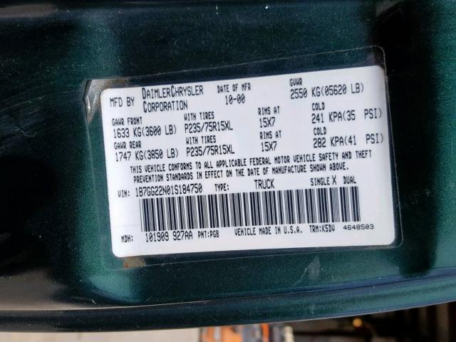 1B7GG22N01S184750 - 2001 DODGE DAKOTA GREEN photo 10