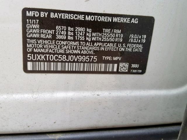 5UXKT0C58J0V99575 - 2018 BMW X5 XDR40E თეთრი ფოტო 10