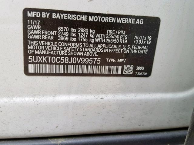 5UXKT0C58J0V99575 - 2018 BMW X5 XDR40E WHITE photo 10