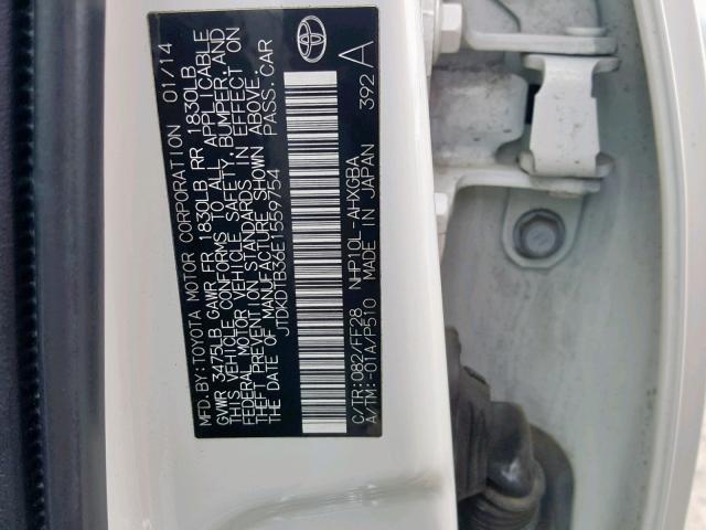 JTDKDTB36E1559754 - 2014 TOYOTA PRIUS C WHITE photo 10