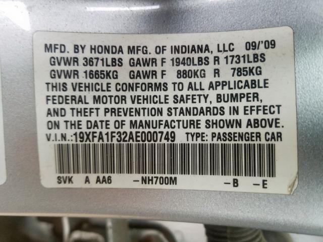 19XFA1F32AE000749 - 2010 HONDA CIVIC VP  photo 10