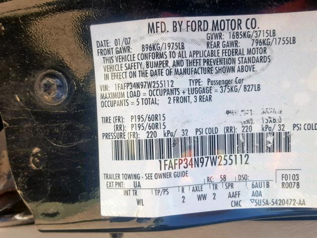 1FAFP34N97W255112 - 2007 FORD FOCUS ZX4 BLACK photo 10