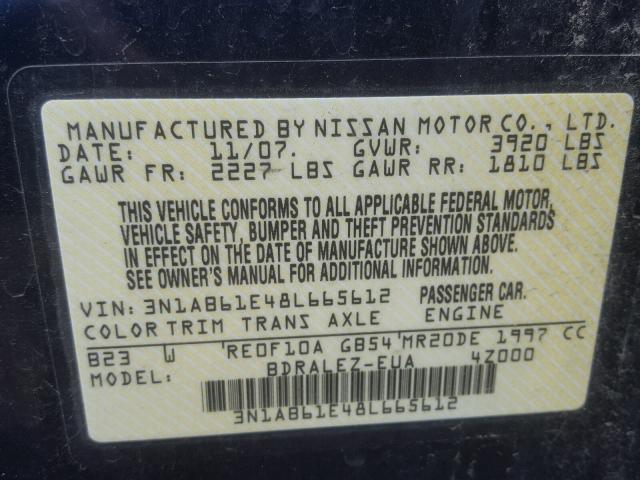 3N1AB61E48L665612 - 2008 NISSAN SENTRA 2.0 BLUE photo 10