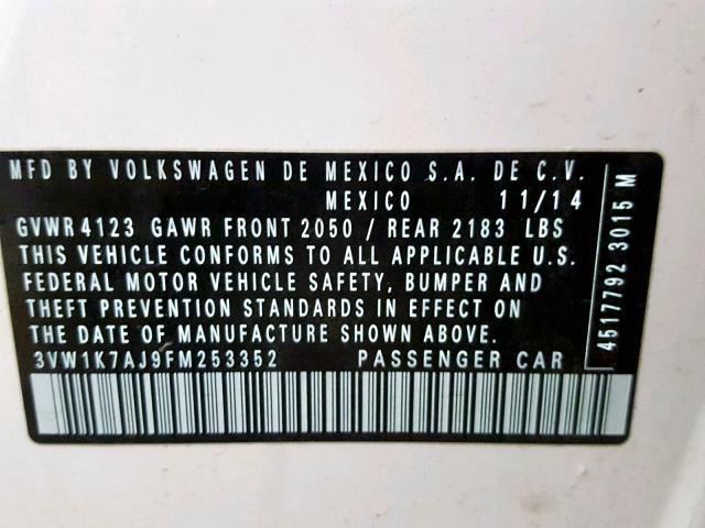 3VW1K7AJ9FM253352 - 2015 VOLKSWAGEN JETTA BASE WHITE photo 10