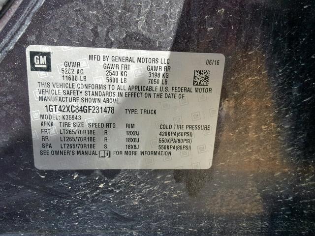 1GT42XC84GF231478 - 2016 GMC SIERRA K35 CHARCOAL photo 10