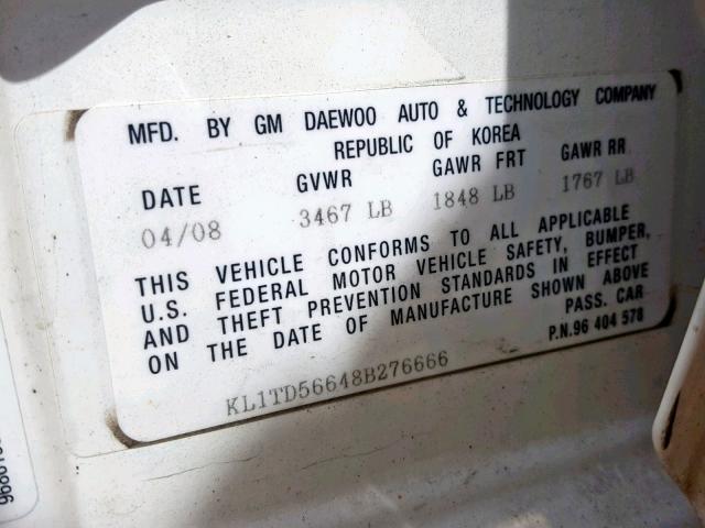 KL1TD56648B276666 - 2008 CHEVROLET AVEO BASE Ақ фото 10