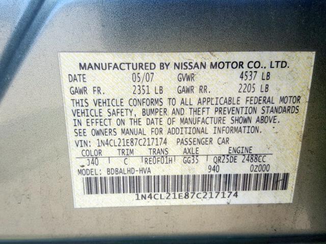 1N4CL21E87C217174 - 2007 NISSAN ALTIMA HYB GREEN photo 10