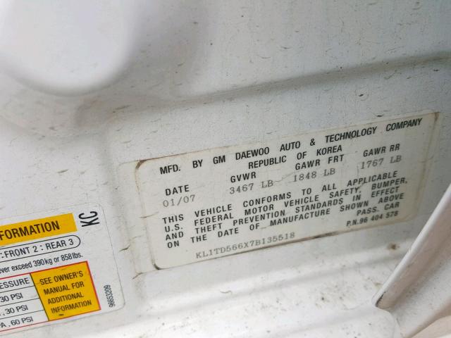 KL1TD566X7B135518 - 2007 CHEVROLET AVEO BASE Ақ фото 10