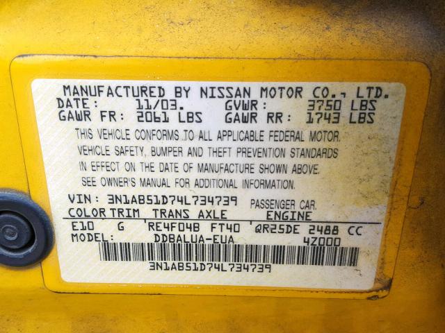 3N1AB51D74L734739 - 2004 NISSAN SENTRA SE- YELLOW photo 10