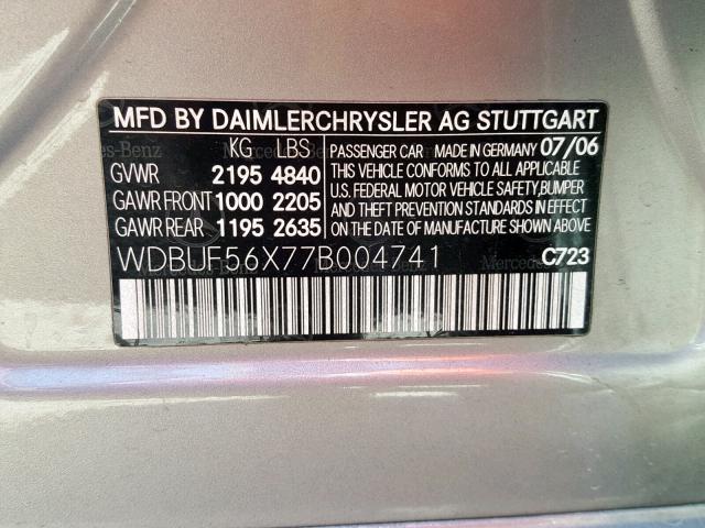 WDBUF56X77B004741 - 2007 MERCEDES-BENZ E GRAY photo 10