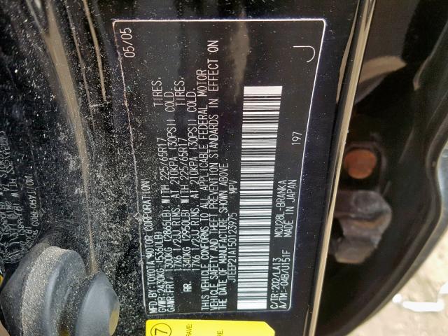 JTEEP21A150123975 - 2005 TOYOTA HIGHLANDER BLACK photo 10