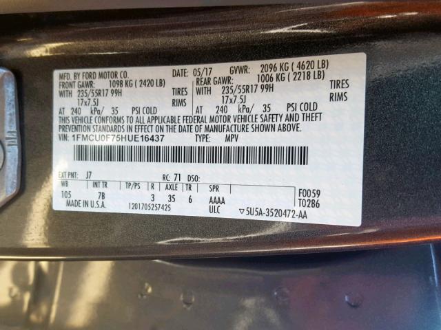 1FMCU0F75HUE16437 - 2017 FORD ESCAPE S GRAY photo 10