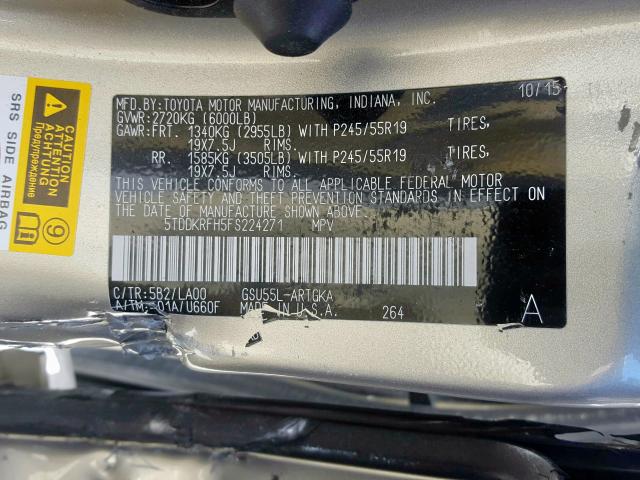 5TDDKRFH5FS224271 - 2015 TOYOTA HIGHLANDER LIMITED  photo 10