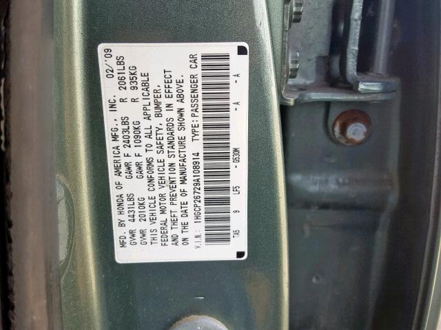 1HGCP26729A108914 - 2009 HONDA ACCORD EX GREEN photo 10