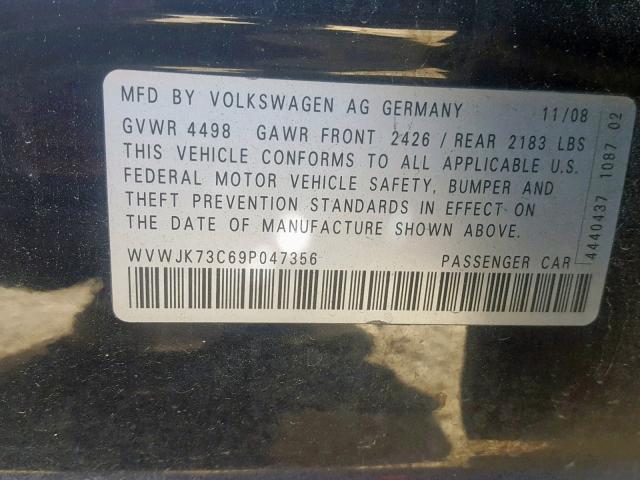 WVWJK73C69P047356 - 2009 VOLKSWAGEN PASSAT TUR BLACK photo 10