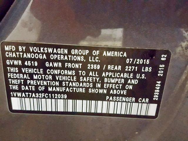 1VWAT7A32FC112039 - 2015 VOLKSWAGEN PASSAT S GRAY photo 10