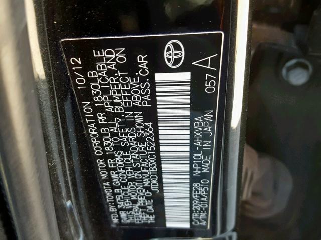 JTDKDTB3XC1522364 - 2012 TOYOTA PRIUS C BLACK photo 10