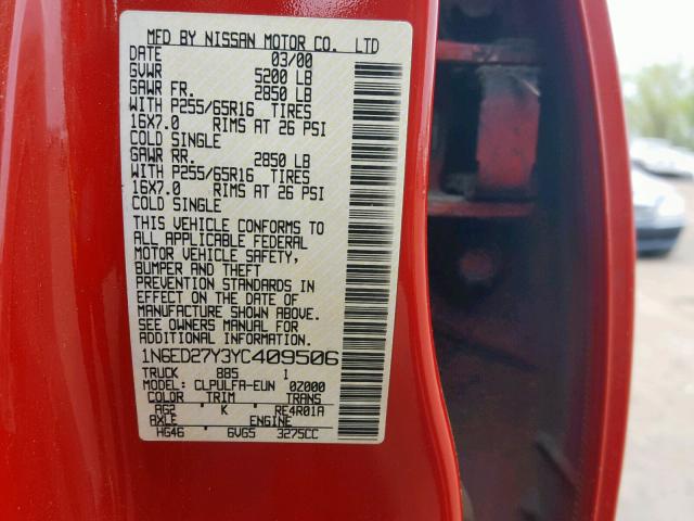 1N6ED27Y3YC409506 - 2000 NISSAN FRONTIER C RED photo 10