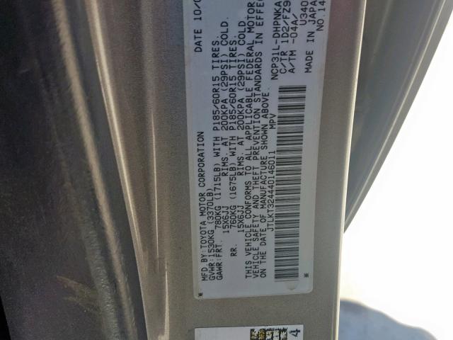 JTLKT324440146011 - 2004 TOYOTA SCION XB 银色 照片 10