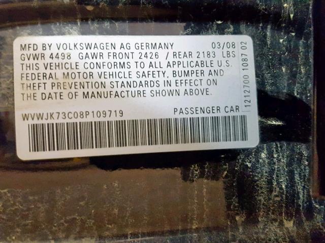 WVWJK73C08P109719 - 2008 VOLKSWAGEN PASSAT TUR BLACK photo 10