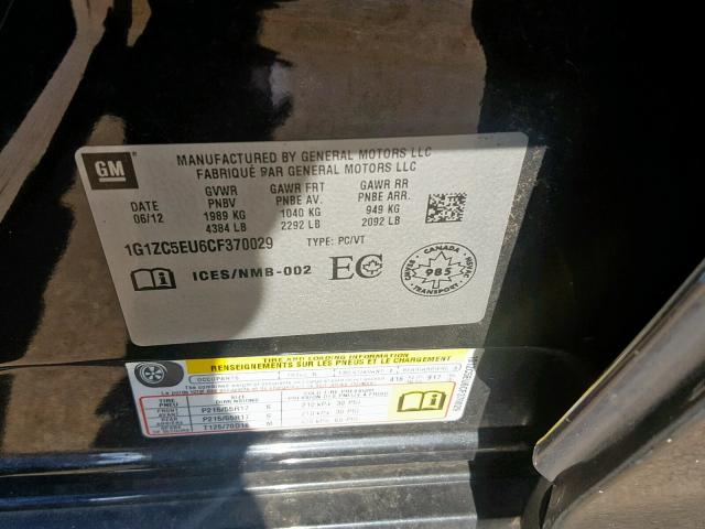 1G1ZC5EU6CF370029 - 2012 CHEVROLET MALIBU 1LT 黑色 照片 10