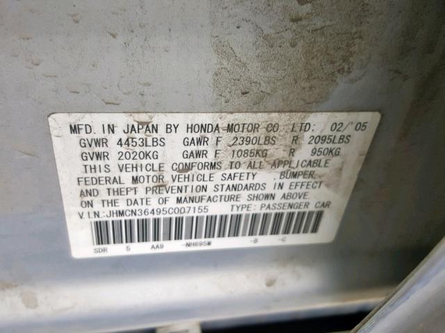 JHMCN36495C007155 - 2005 HONDA ACCORD HYB SILVER photo 10