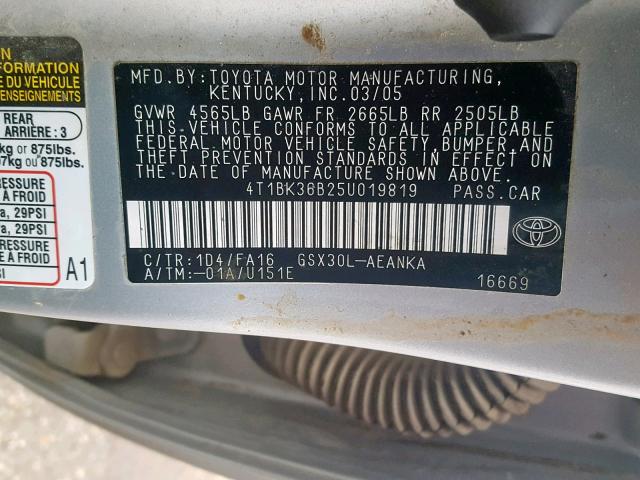 4T1BK36B25U019819 - 2005 TOYOTA AVALON XL SILVER photo 10