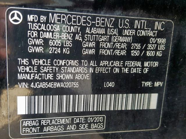 4JGAB54E8WA020755 - 1998 MERCEDES-BENZ ML 320 BLACK photo 10