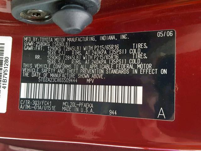 5TDZA23CX6S509444 - 2006 TOYOTA SIENNA CE RED photo 10