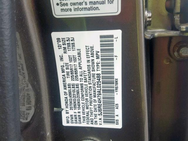 5J6RE4H79AL025488 - 2010 HONDA CR-V EXL GRAY photo 10