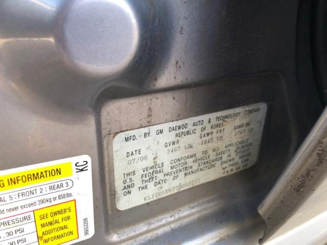 KL1TD56677B053777 - 2007 CHEVROLET AVEO BASE Сұр фото 10