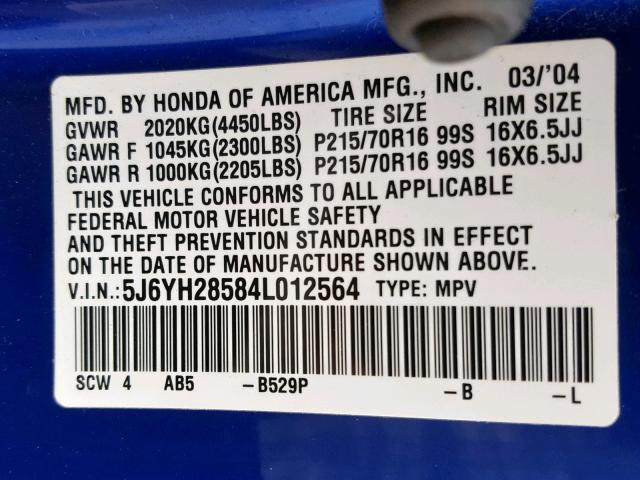 5J6YH28584L012564 - 2004 HONDA ELEMENT EX BLUE photo 10