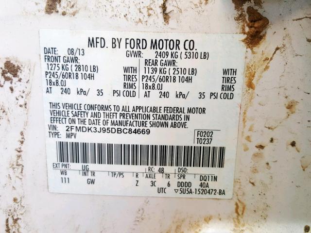 2FMDK3J95DBC84669 - 2013 FORD EDGE SEL WHITE photo 10